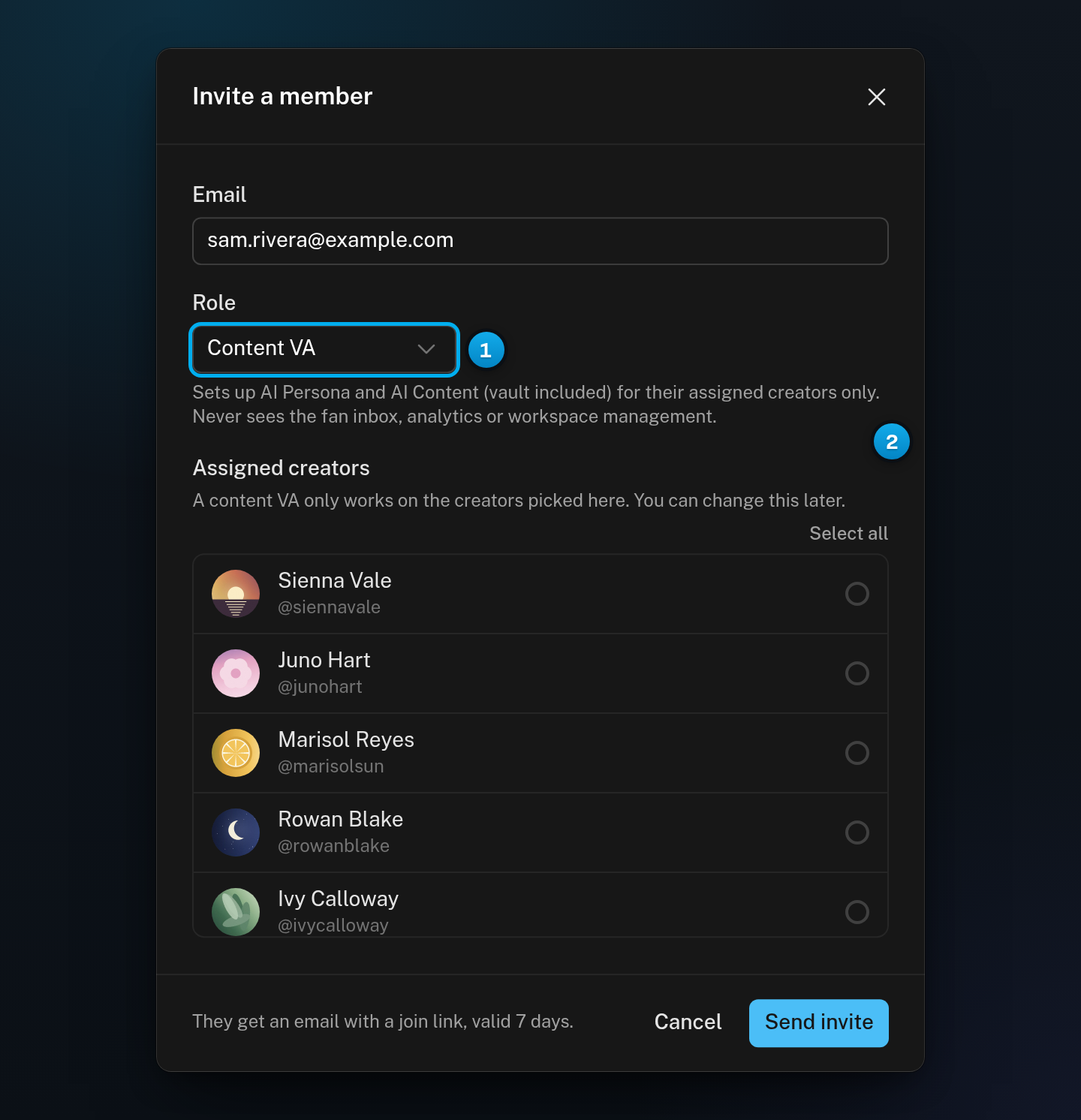 The Invite a member window with Content VA picked in the Role menu, the role's description under the menu and the creators to assign