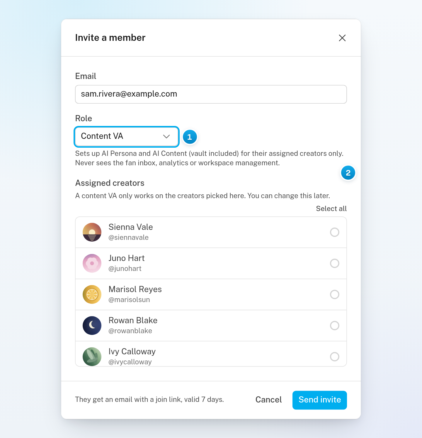 The Invite a member window with Content VA picked in the Role menu, the role's description under the menu and the creators to assign