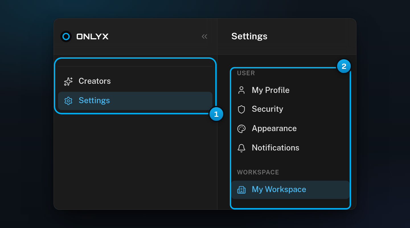 A content VA's sidebar with only Creators and Settings, next to Settings tabs that have no Members tab