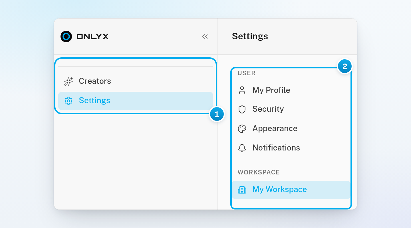 A content VA's sidebar with only Creators and Settings, next to Settings tabs that have no Members tab