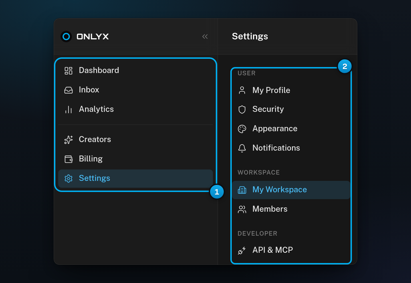 An owner's sidebar with Dashboard, Inbox, Analytics, Creators, Billing and Settings, next to Settings tabs that include Members