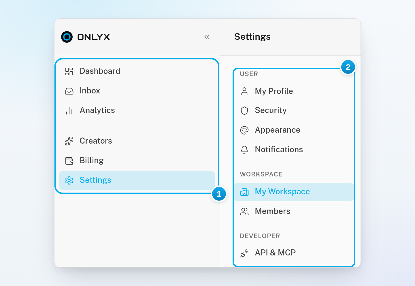 An owner's sidebar with Dashboard, Inbox, Analytics, Creators, Billing and Settings, next to Settings tabs that include Members
