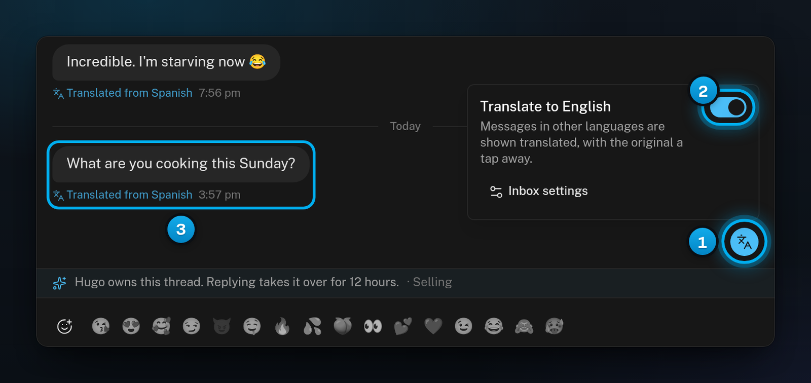 A Spanish conversation shown in English, with the translate box open, its switch on, and Translated from Spanish under a message