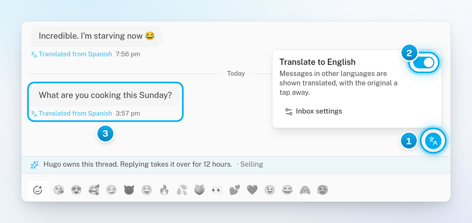 A Spanish conversation shown in English, with the translate box open, its switch on, and Translated from Spanish under a message