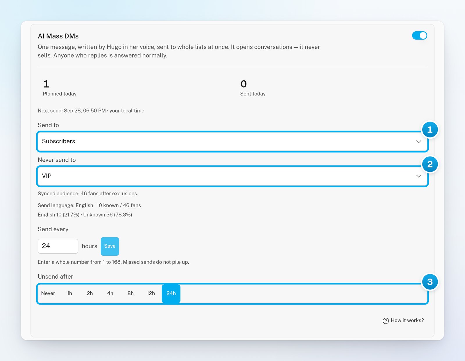 The AI Mass DMs card with a list under Send to, a list under Never send to, the audience line, Send every 24 hours, and Unsend after set to 24h