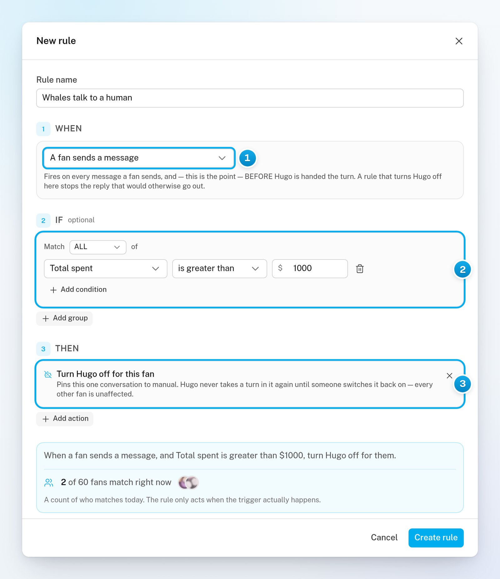 The New rule editor filled from the Whales talk to a human template: A fan sends a message, Total spent over 1000, and Turn Hugo off for this fan