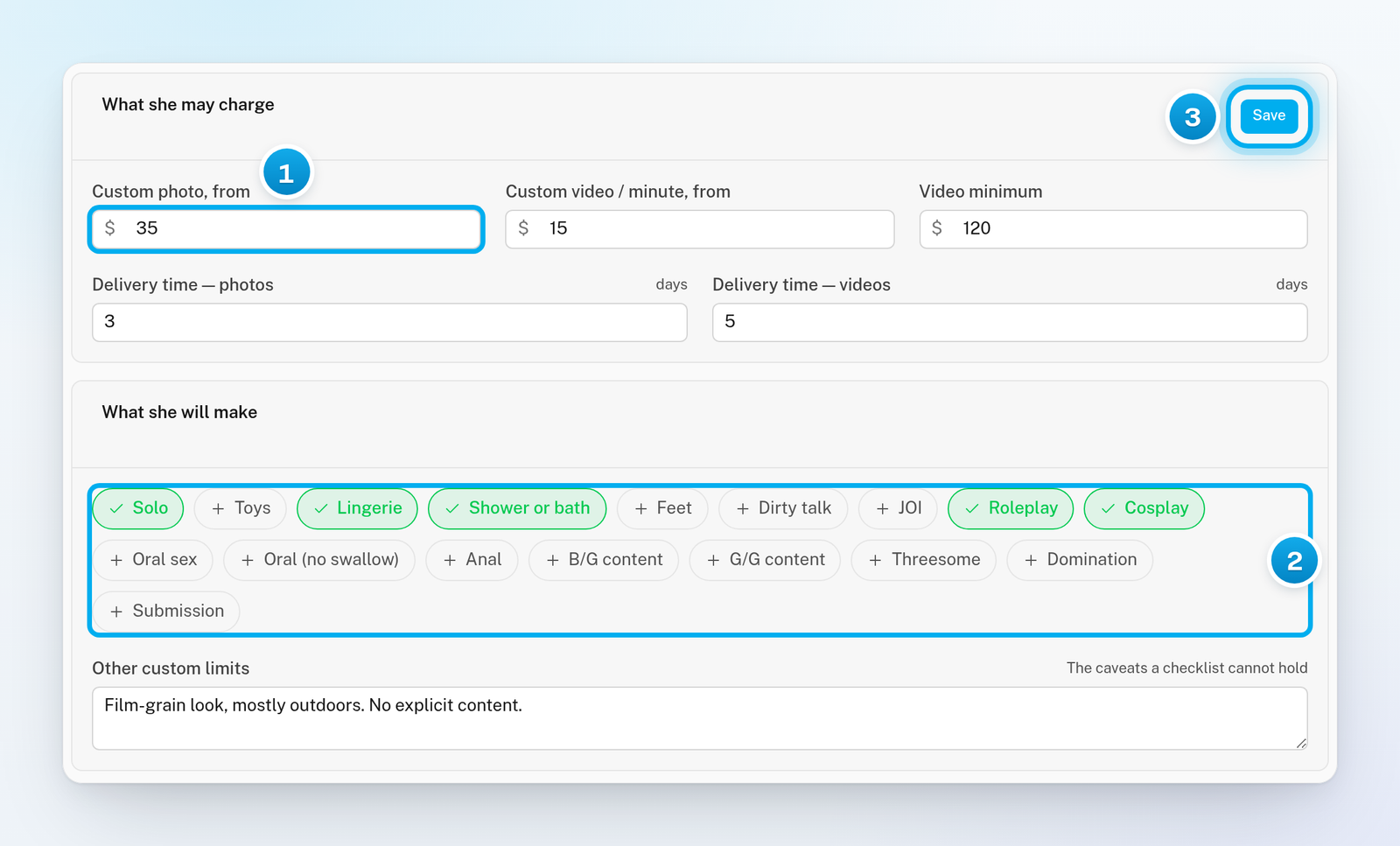 The What she may charge card with custom photo and video prices and delivery times, and the What she will make menu with picked items
