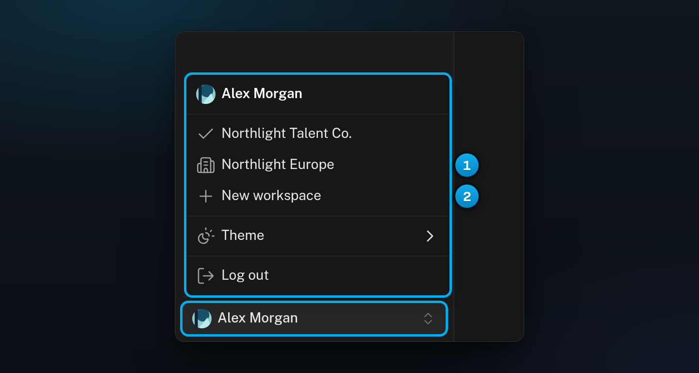 The account menu open from the sidebar, with two workspaces listed, a check mark on the current one, and New workspace under them