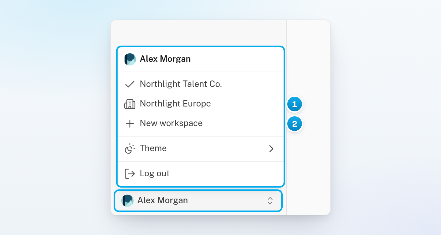The account menu open from the sidebar, with two workspaces listed, a check mark on the current one, and New workspace under them