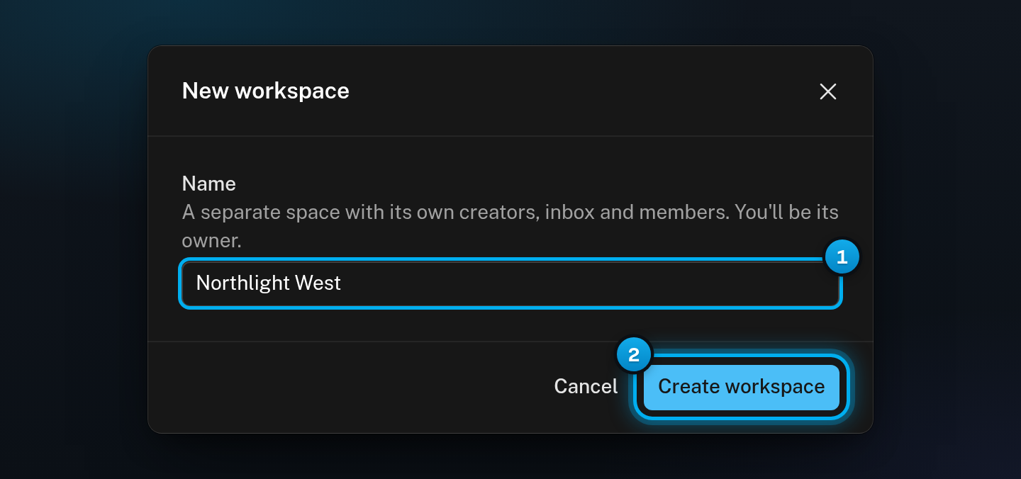 The New workspace window with a name typed in the Name field and the Create workspace button