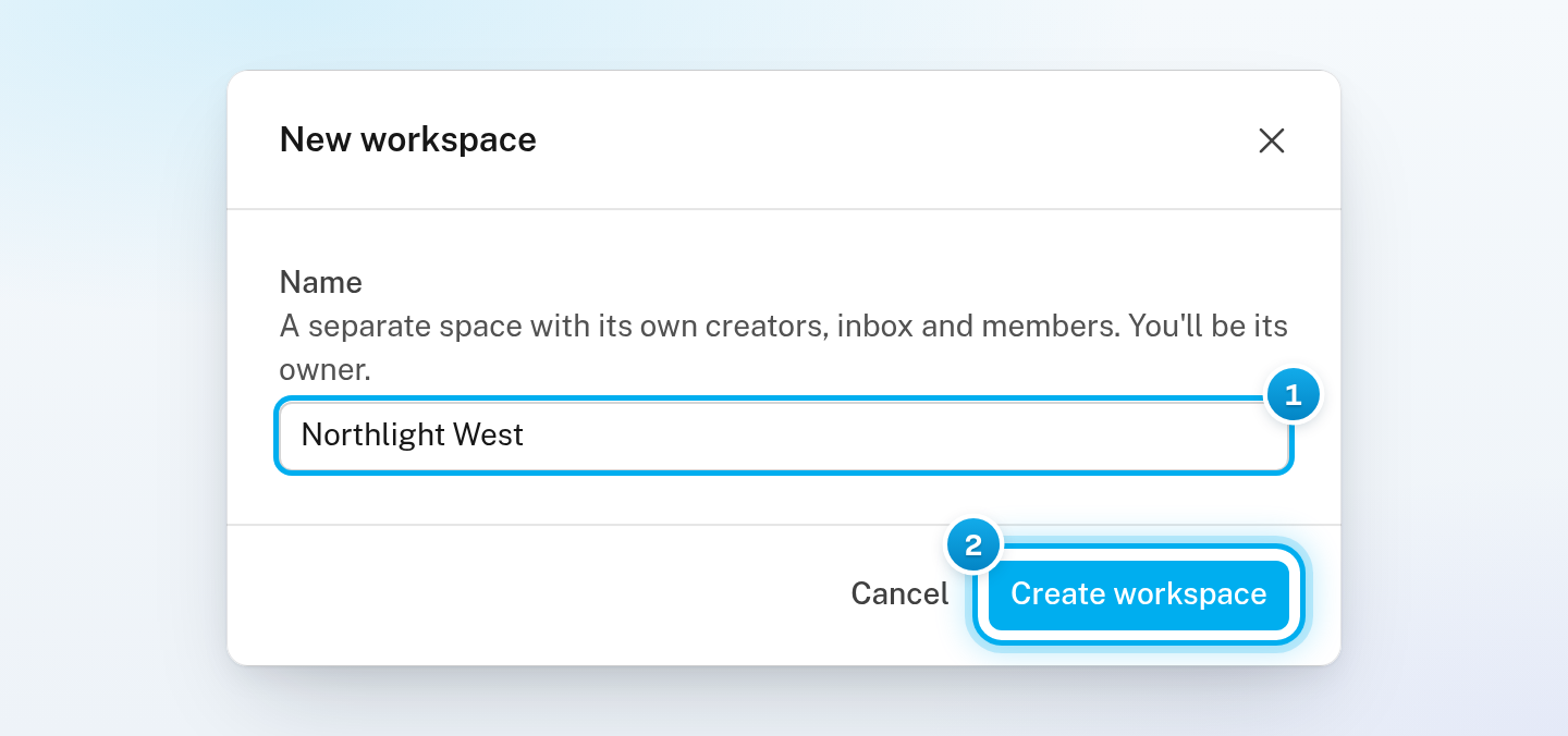 The New workspace window with a name typed in the Name field and the Create workspace button
