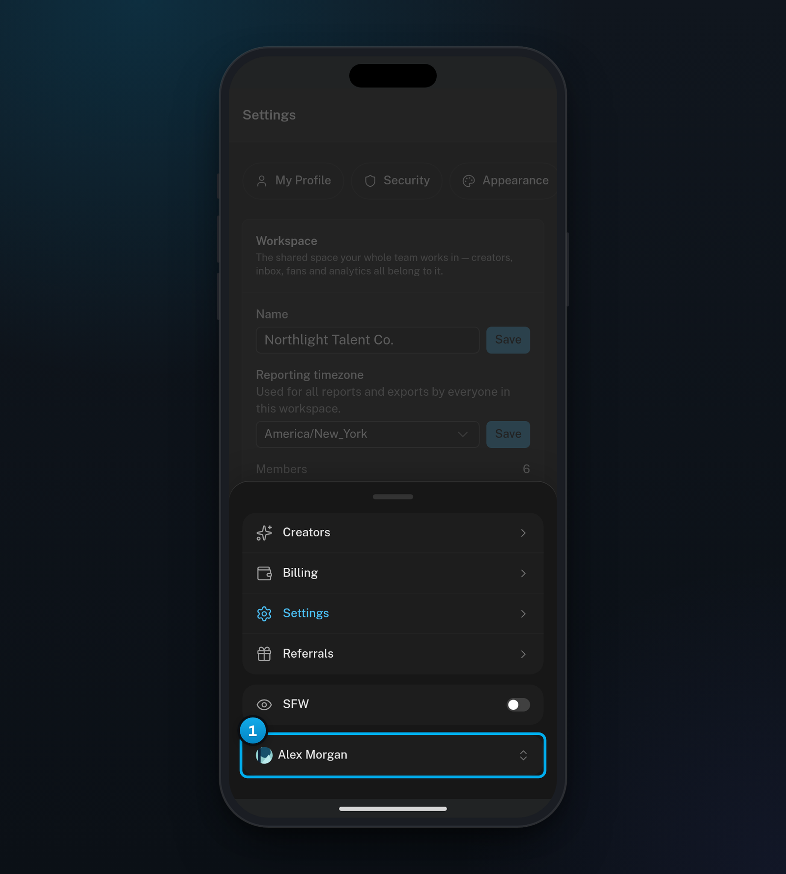 The More sheet on a phone, with Creators, Billing, Settings and Referrals, the SFW switch, and the row with your name at the end