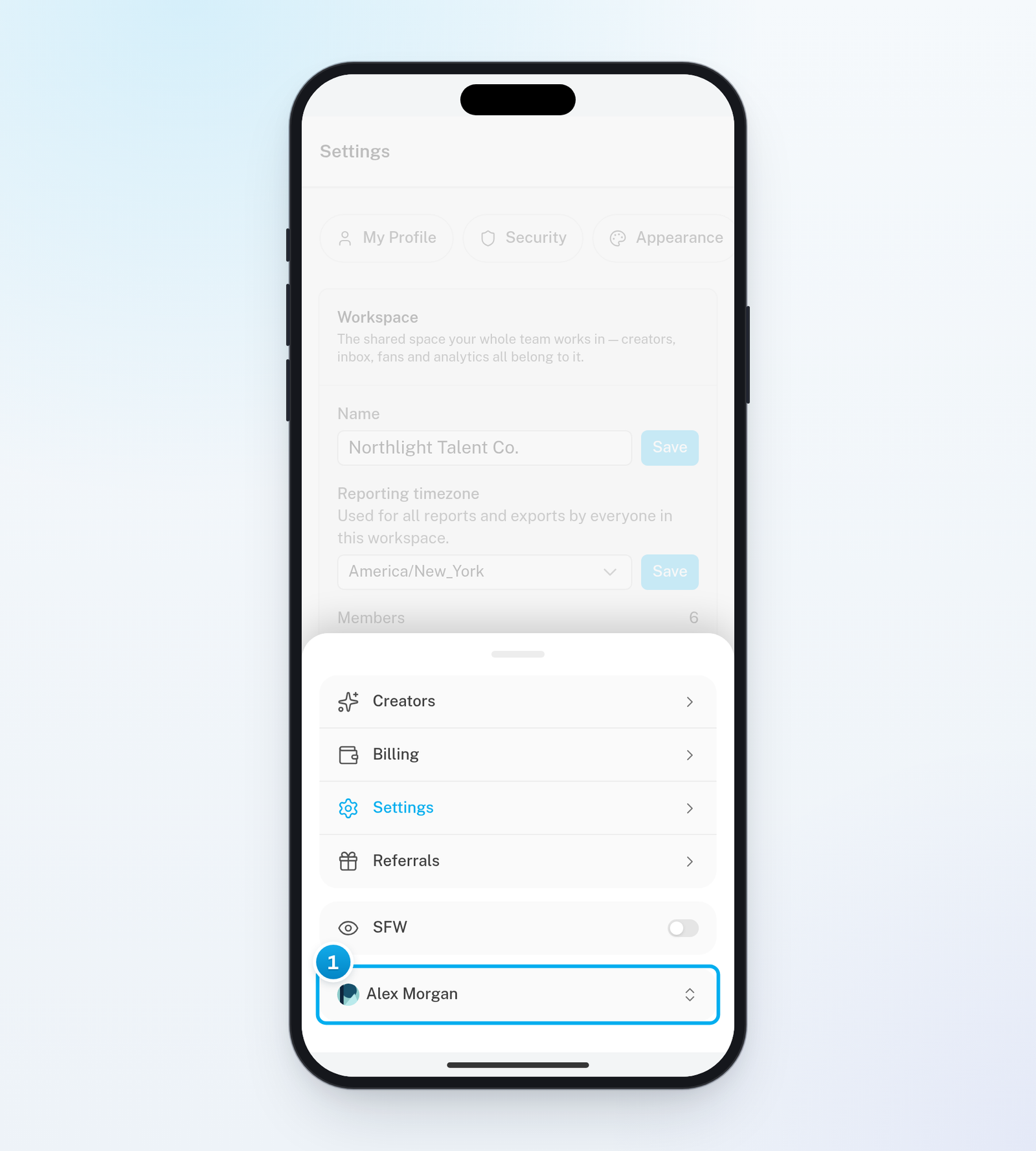 The More sheet on a phone, with Creators, Billing, Settings and Referrals, the SFW switch, and the row with your name at the end