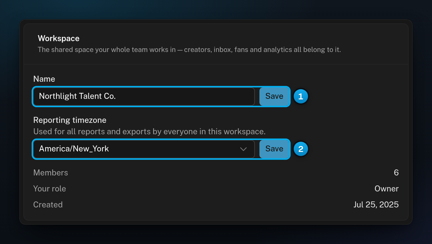 The Workspace card in My Workspace with the Name field and the Reporting timezone menu, each with its own Save button