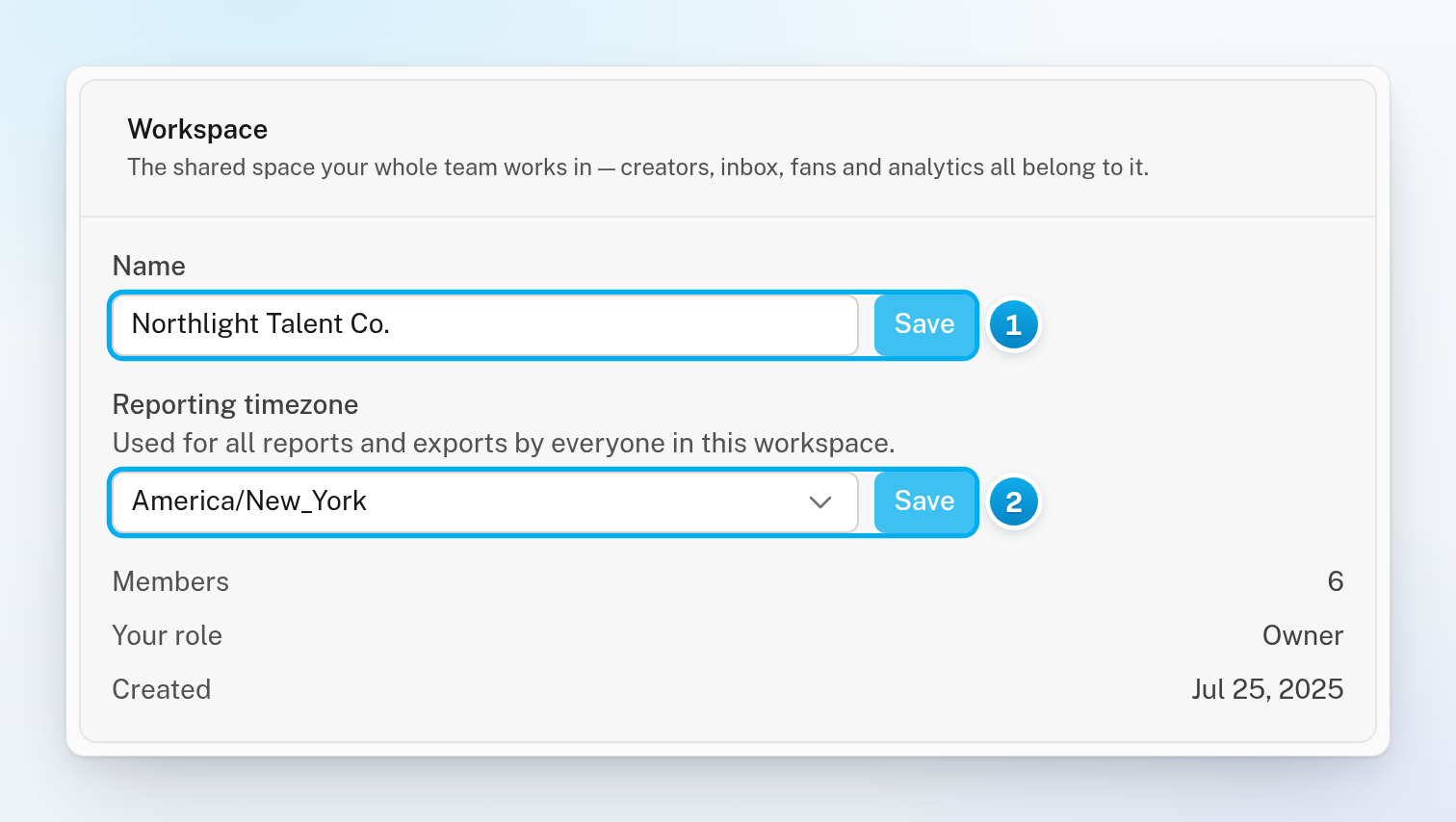 The Workspace card in My Workspace with the Name field and the Reporting timezone menu, each with its own Save button