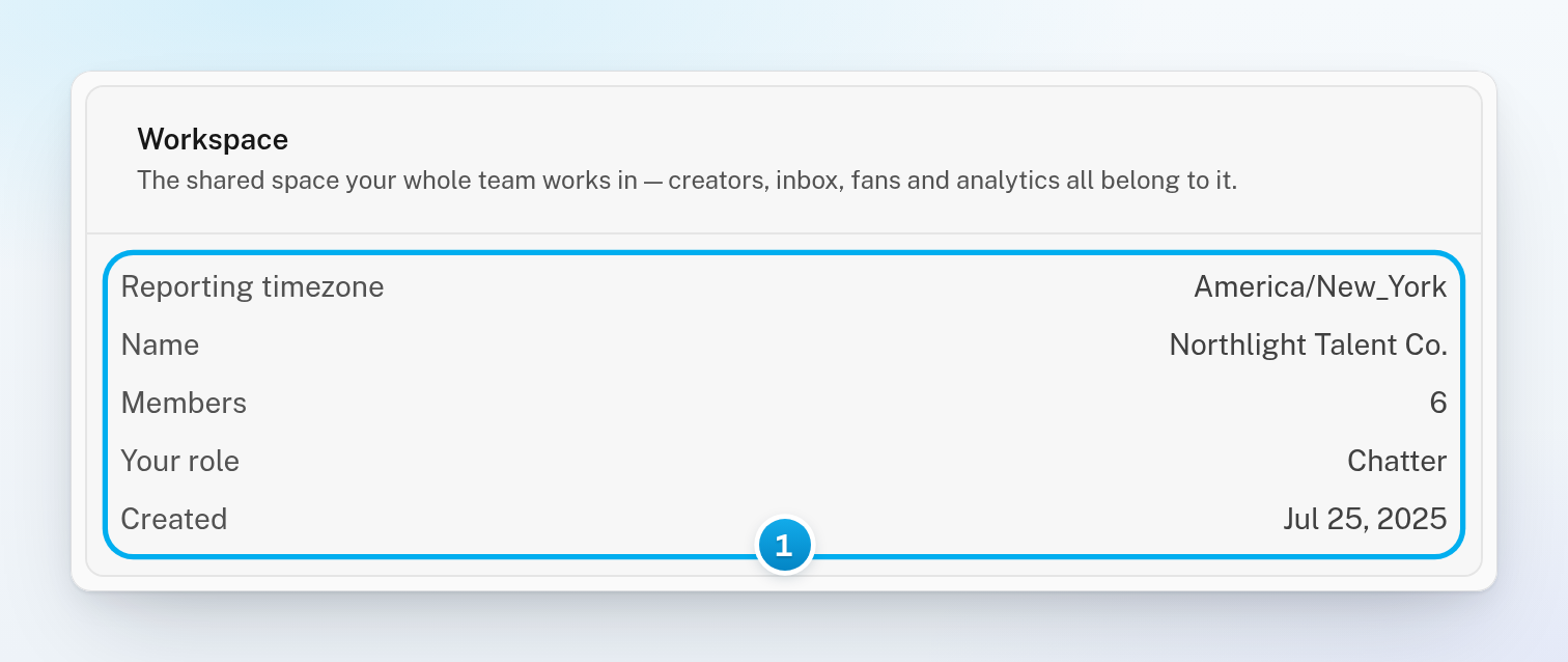 The Workspace card for a chatter, showing the reporting timezone, name, member count, their role and the date the workspace was created as text