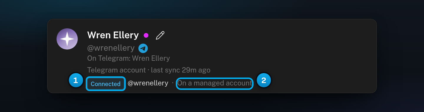 A Telegram creator's profile card showing Connected, the account's @username and On a managed account