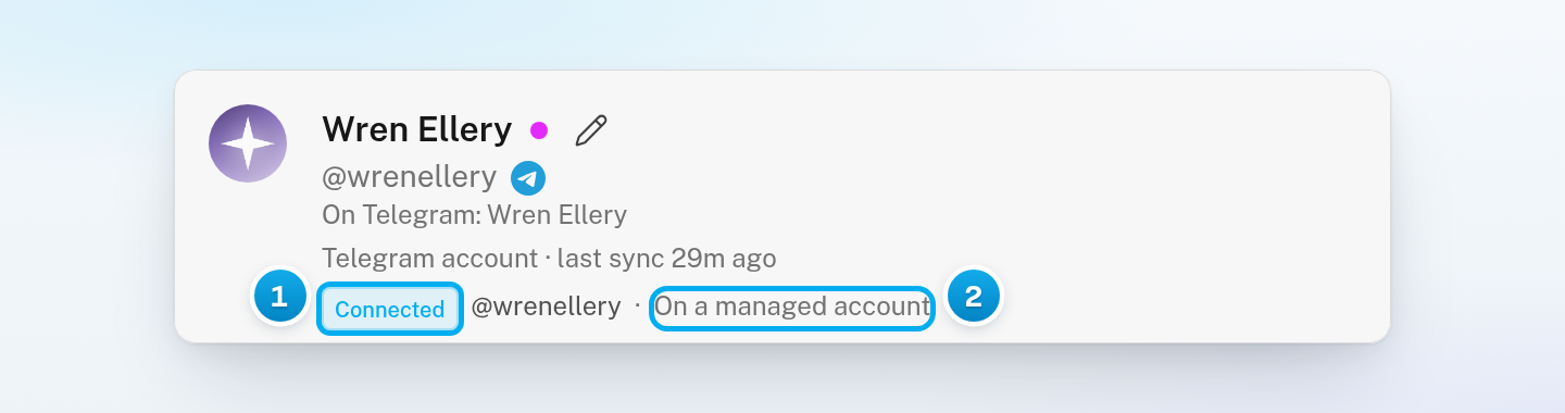 A Telegram creator's profile card showing Connected, the account's @username and On a managed account
