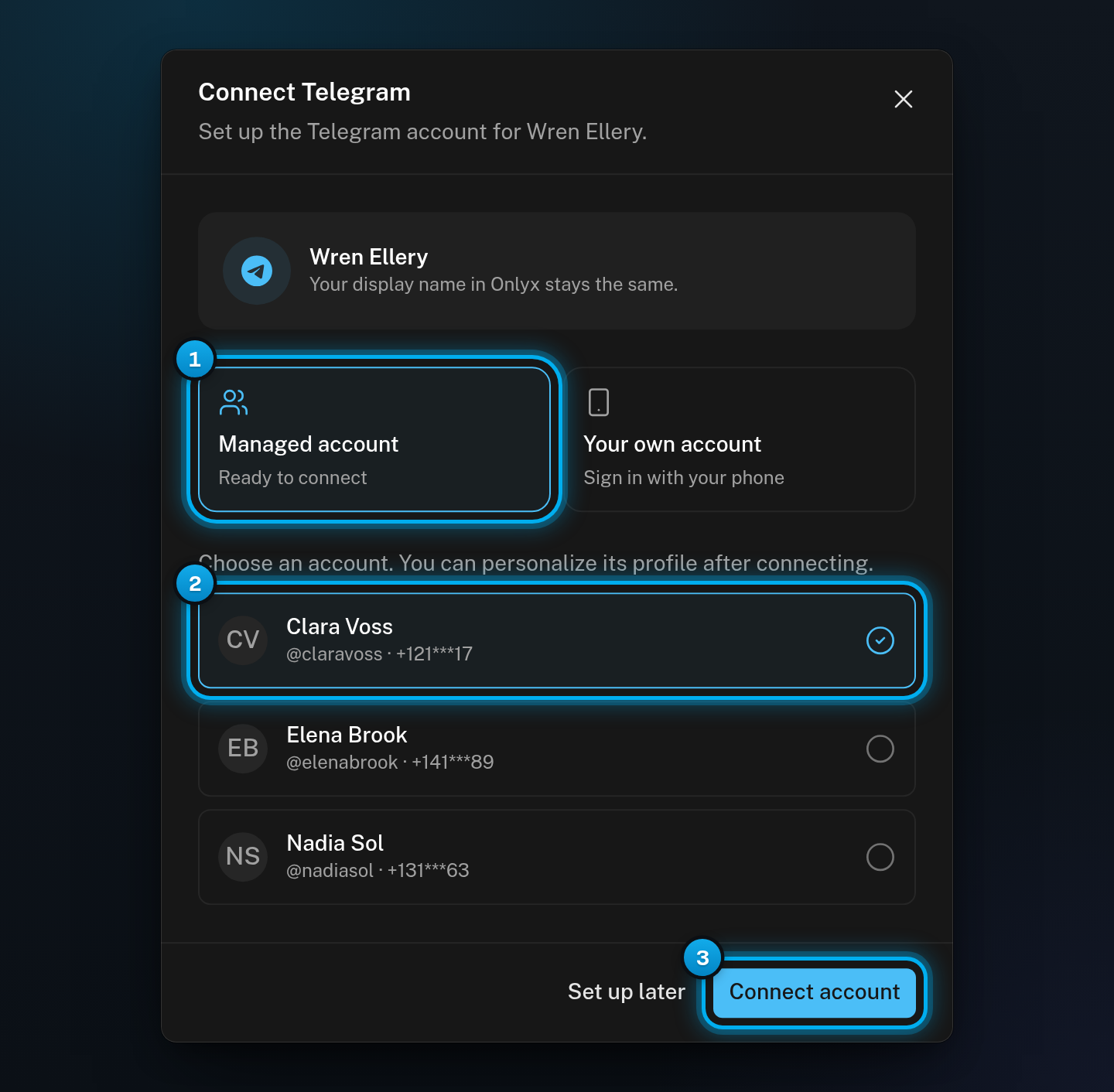 The Connect Telegram window with Managed account picked, one account ticked in the list, and the Connect account button