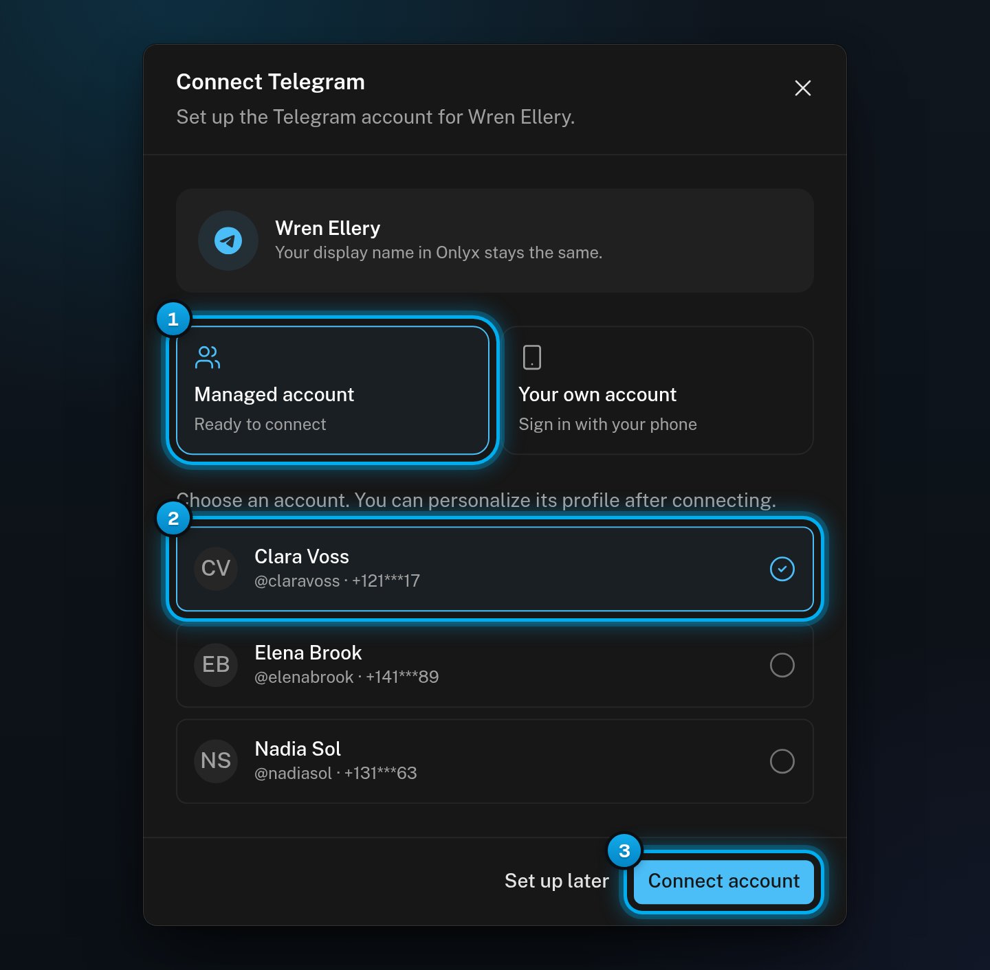 The Connect Telegram window with Managed account picked, one account ticked in the list, and the Connect account button