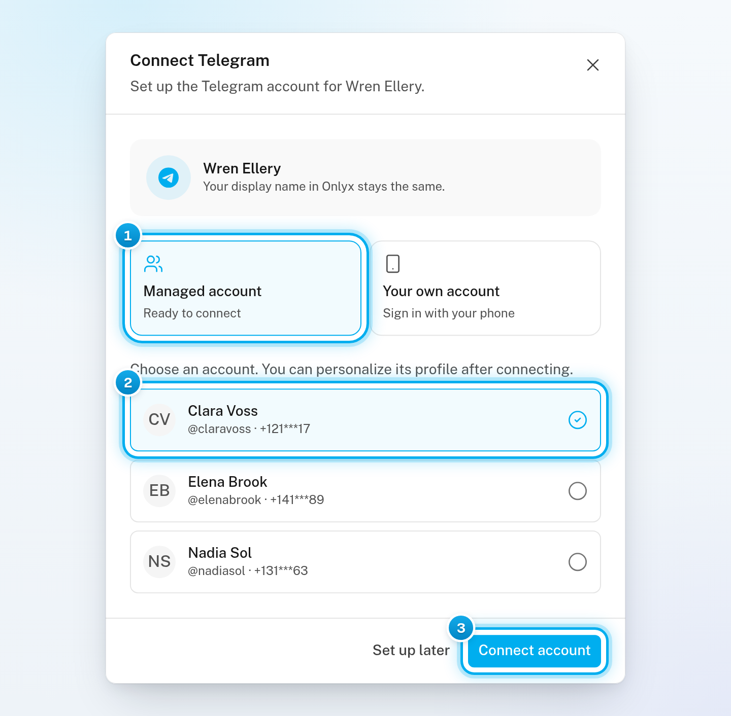 The Connect Telegram window with Managed account picked, one account ticked in the list, and the Connect account button