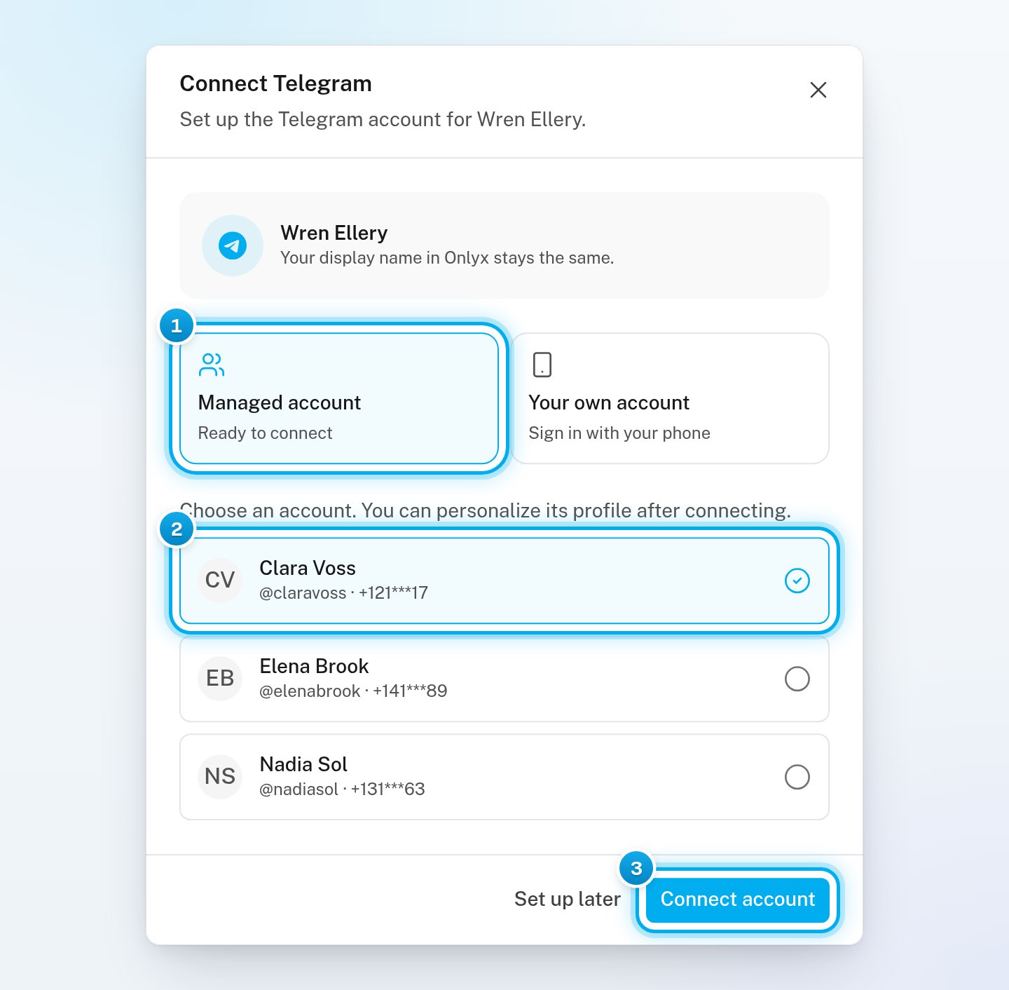 The Connect Telegram window with Managed account picked, one account ticked in the list, and the Connect account button