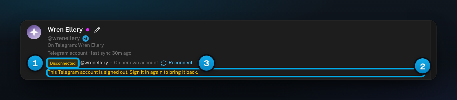 A Telegram creator's profile card showing Disconnected, the line This Telegram account is signed out, and the Reconnect button