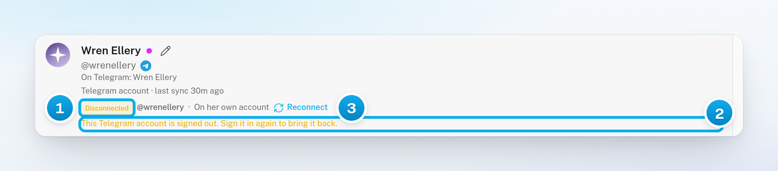 A Telegram creator's profile card showing Disconnected, the line This Telegram account is signed out, and the Reconnect button