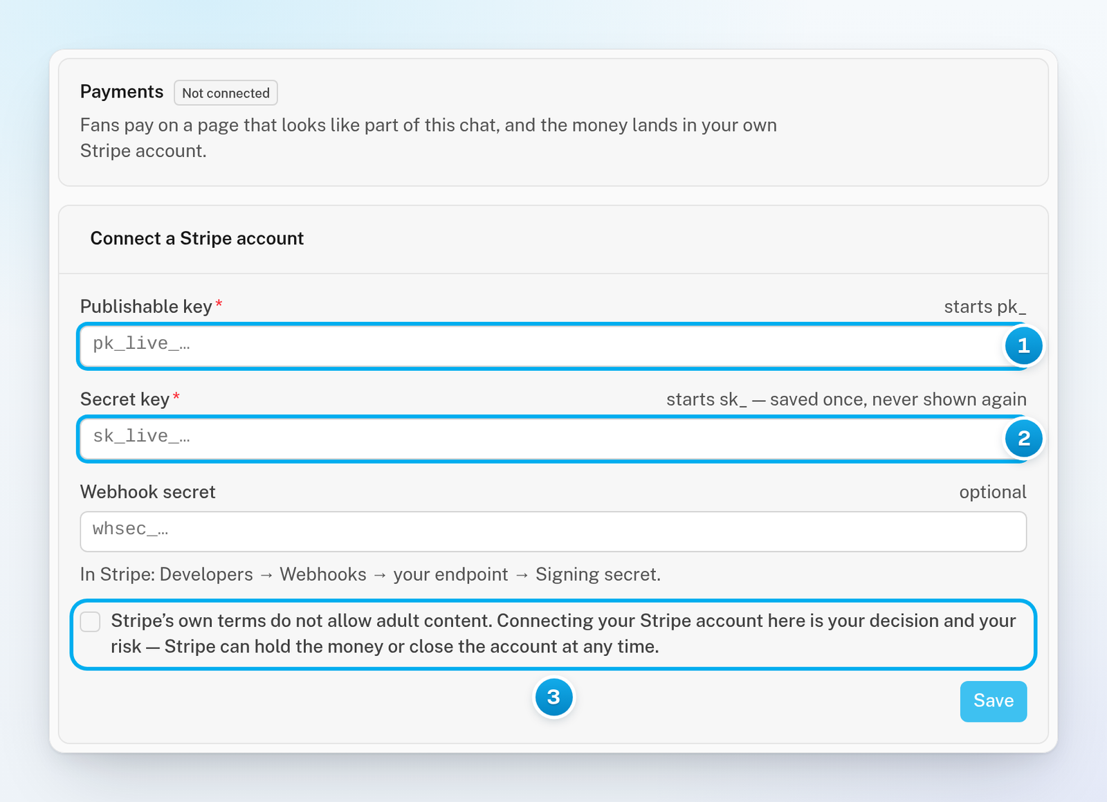 The Payments tab showing Not connected, with the Publishable key and Secret key fields and the Stripe warning checkbox