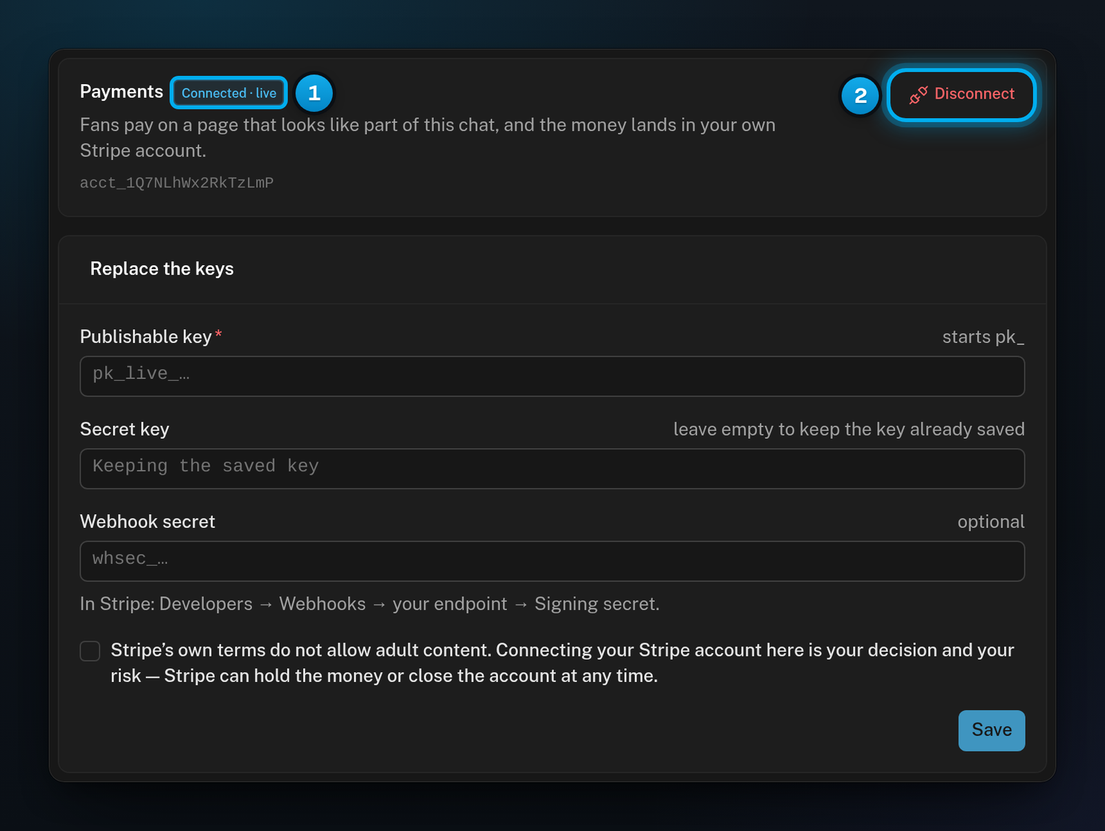 The Payments tab showing Connected · live with her Stripe account ID, the Disconnect button, and the Replace the keys form
