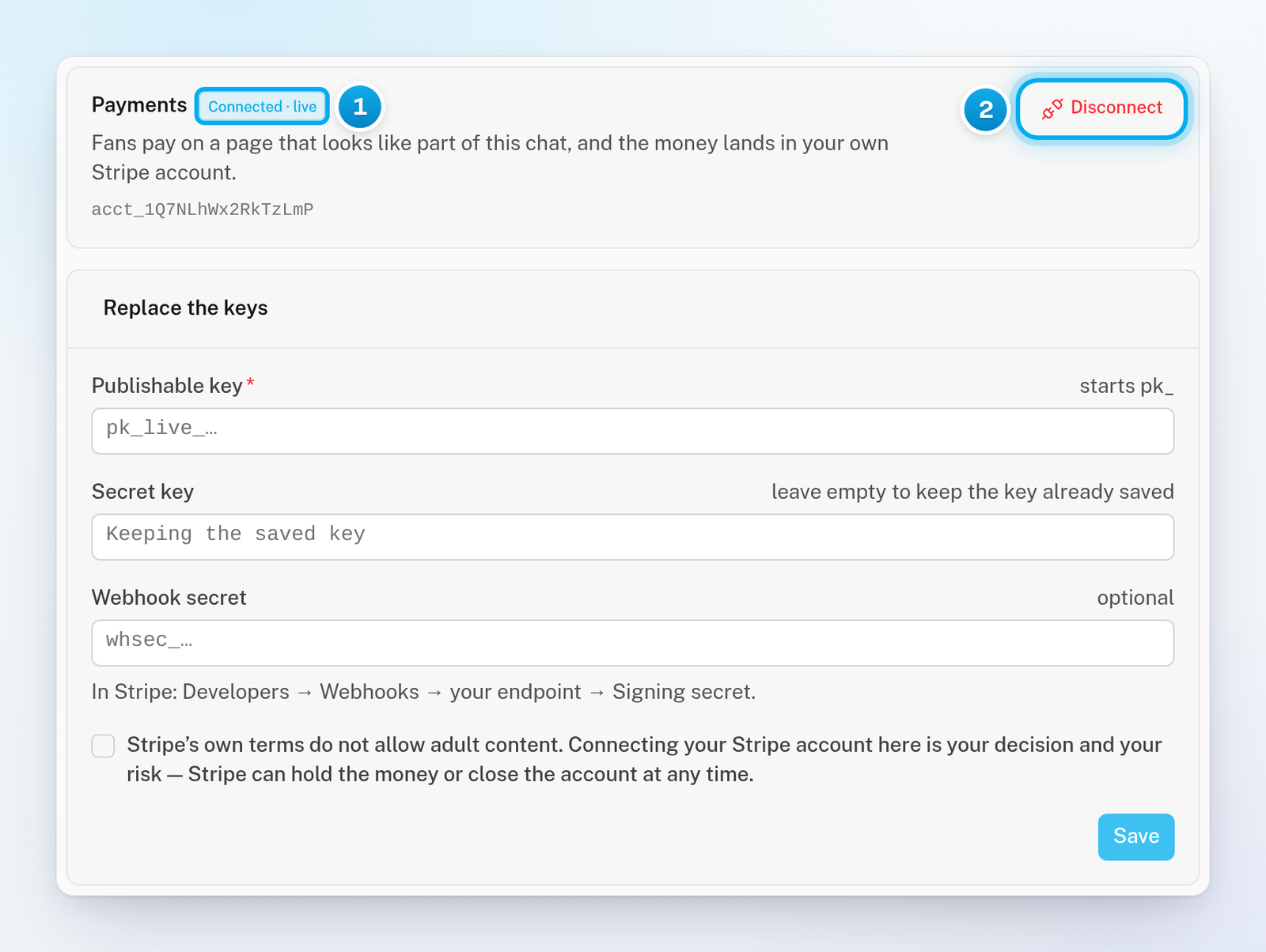 The Payments tab showing Connected · live with her Stripe account ID, the Disconnect button, and the Replace the keys form