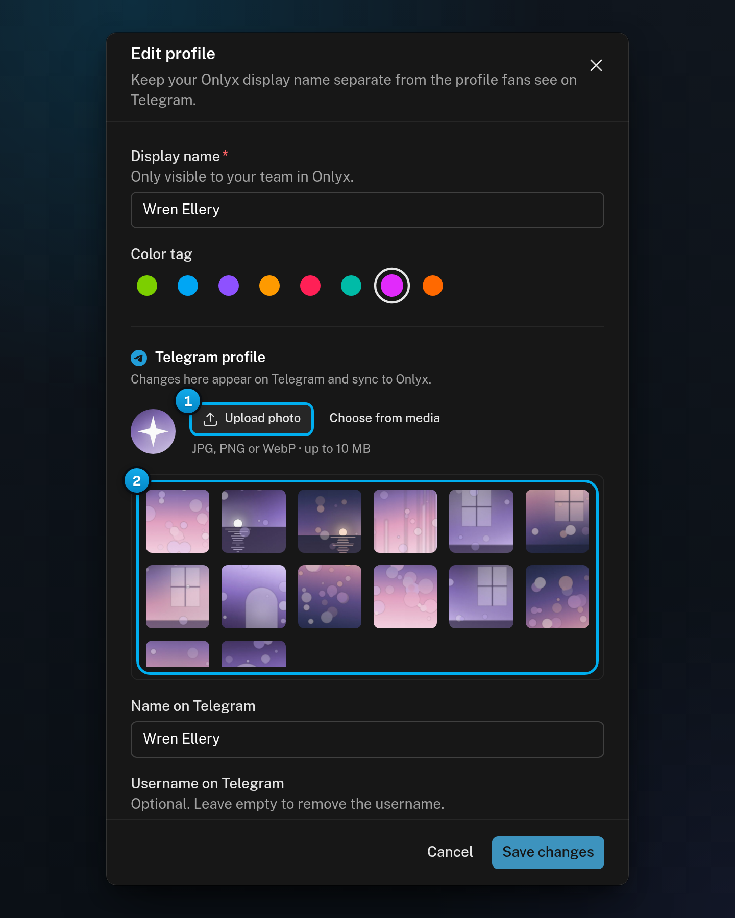 The Edit profile window with the Upload photo button and a grid of her photos opened by Choose from media
