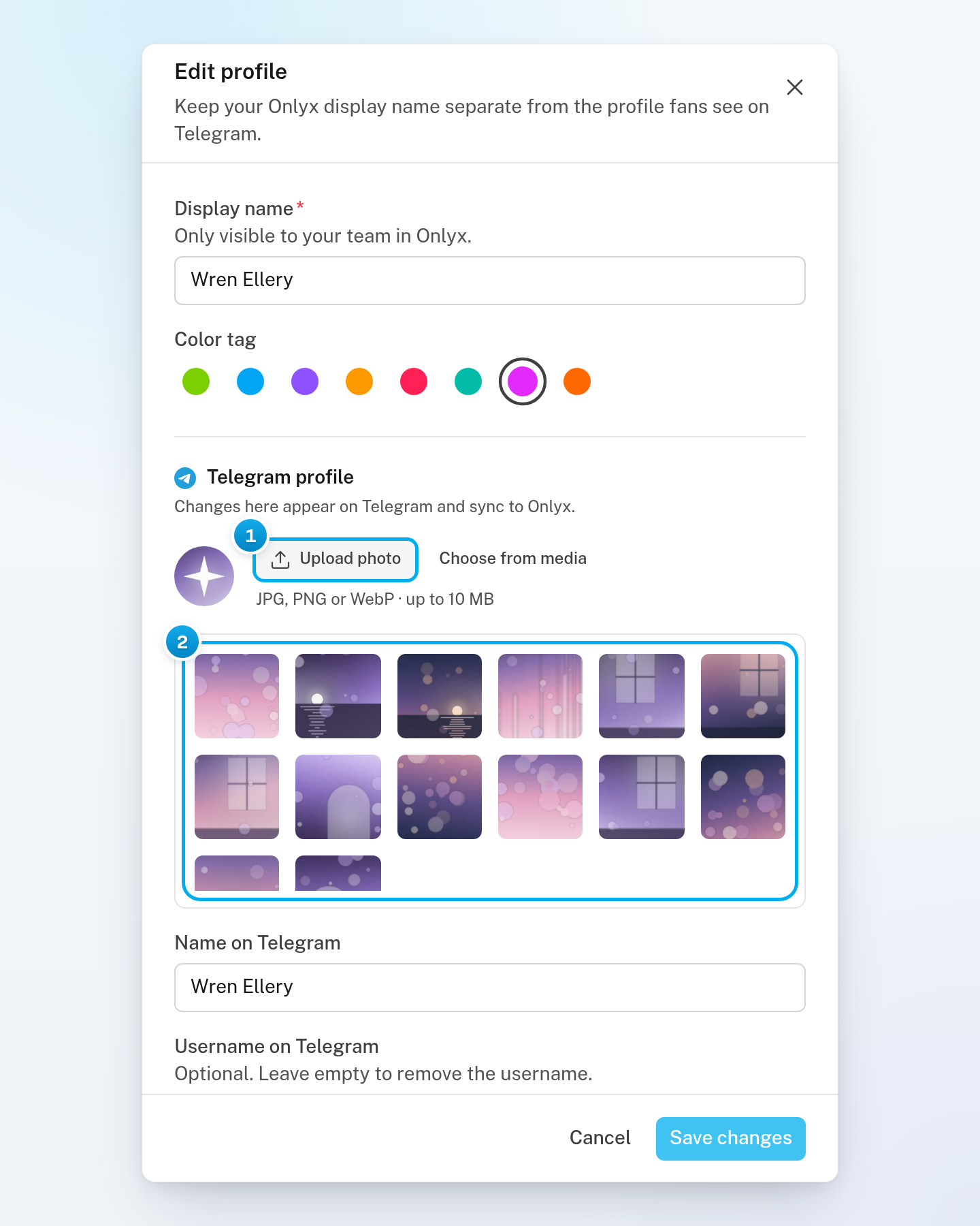 The Edit profile window with the Upload photo button and a grid of her photos opened by Choose from media