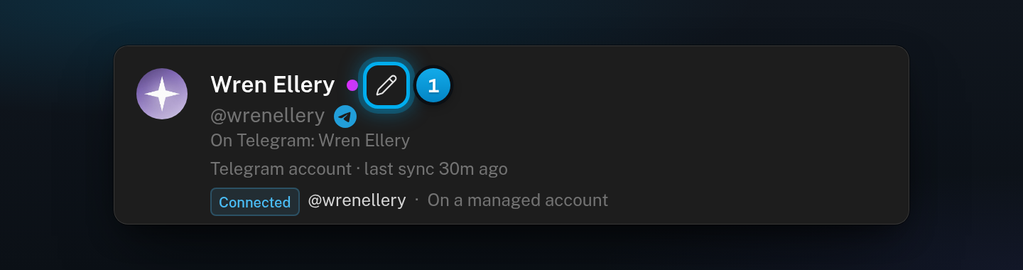 A Telegram creator's profile card with the pencil button next to her name highlighted
