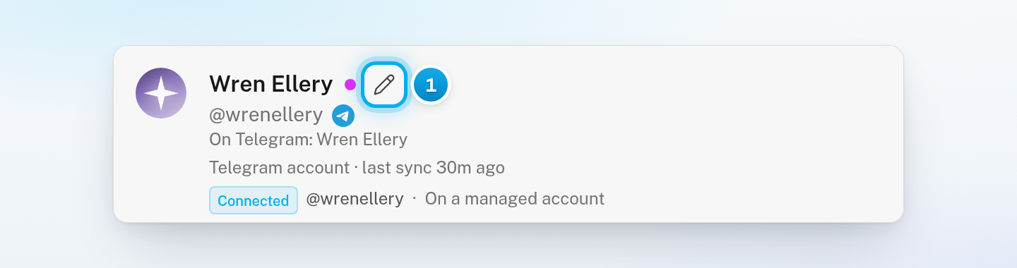 A Telegram creator's profile card with the pencil button next to her name highlighted
