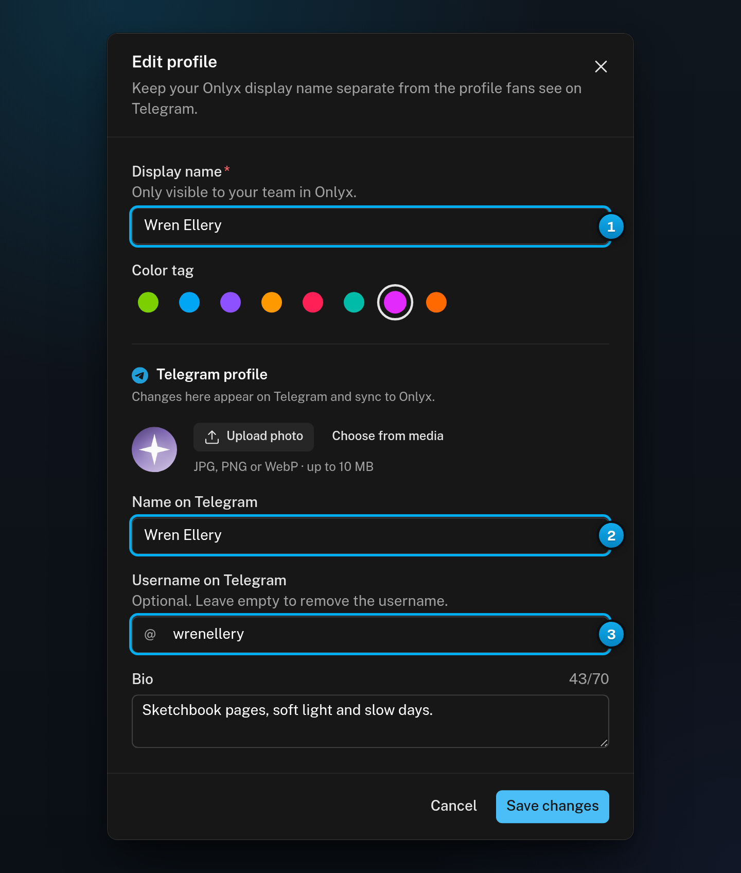 The Edit profile window with Display name at the top, and Name on Telegram and Username on Telegram in the Telegram profile section