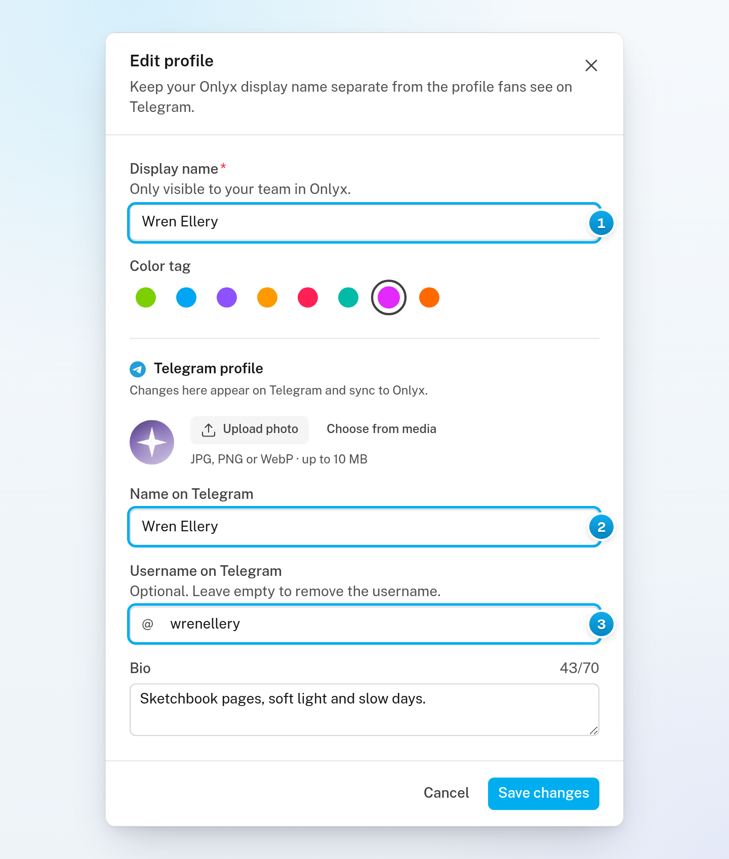 The Edit profile window with Display name at the top, and Name on Telegram and Username on Telegram in the Telegram profile section
