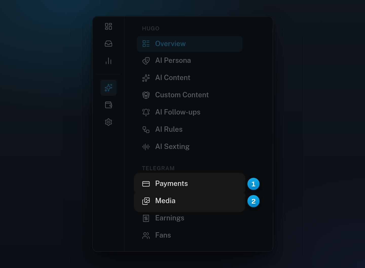 A Telegram creator's menu: Hugo's tabs first, then the Telegram group with Payments, Media, Earnings and Fans