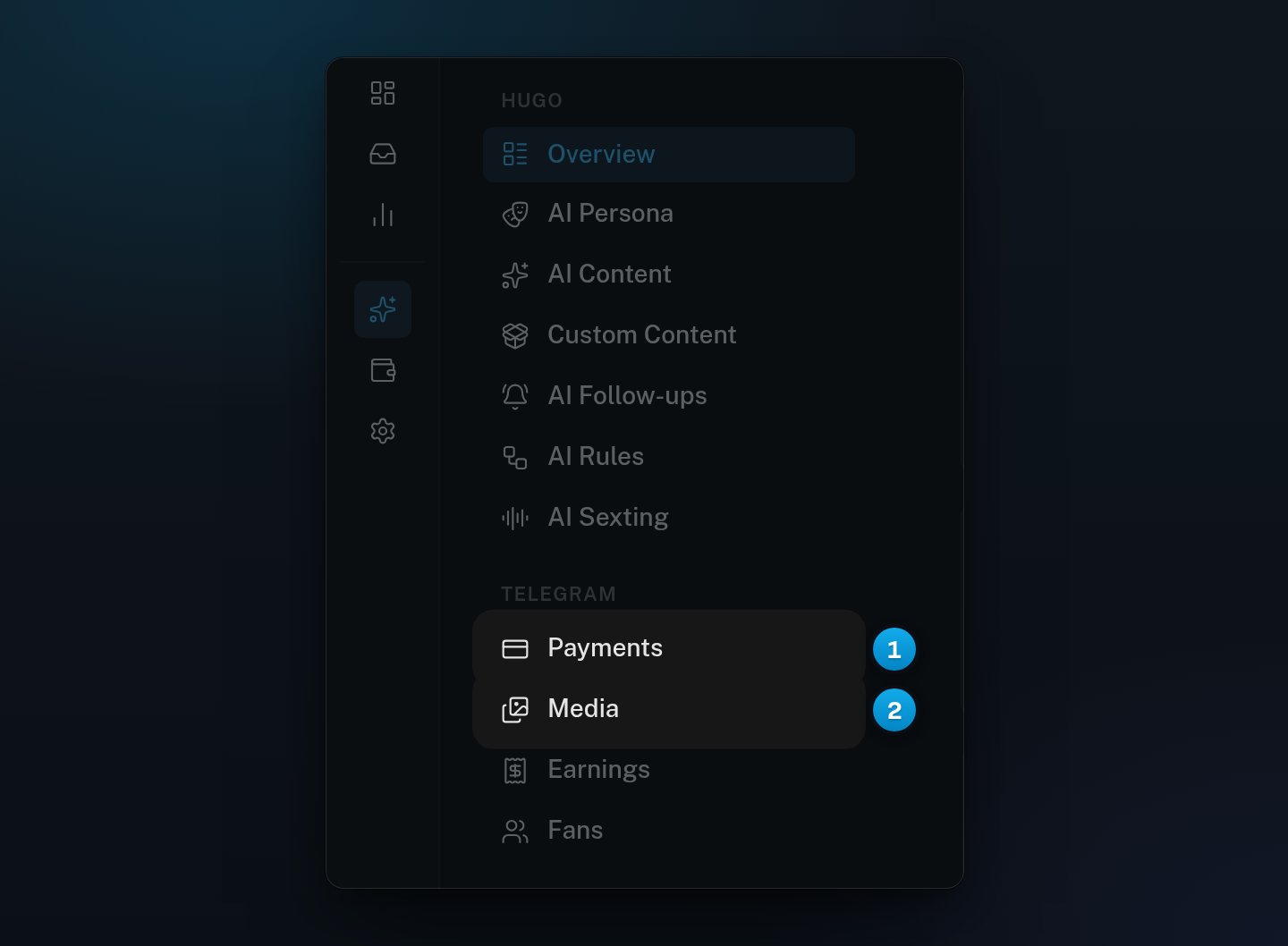 A Telegram creator's menu: Hugo's tabs first, then the Telegram group with Payments, Media, Earnings and Fans