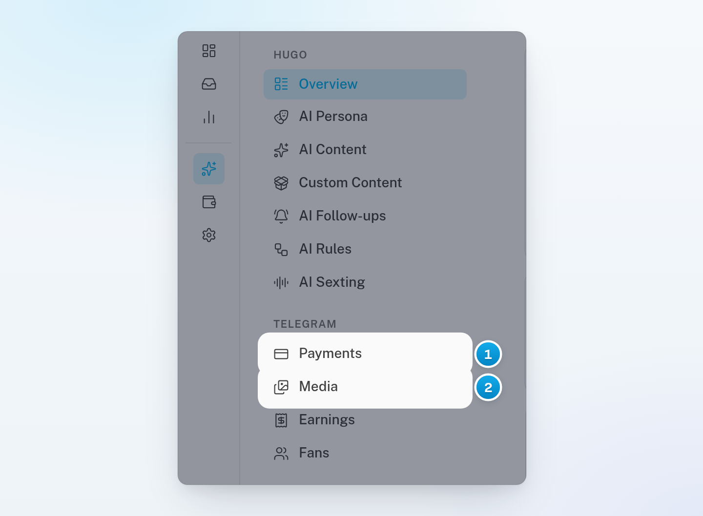 A Telegram creator's menu: Hugo's tabs first, then the Telegram group with Payments, Media, Earnings and Fans