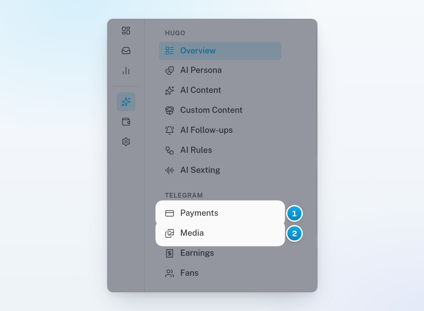 A Telegram creator's menu: Hugo's tabs first, then the Telegram group with Payments, Media, Earnings and Fans