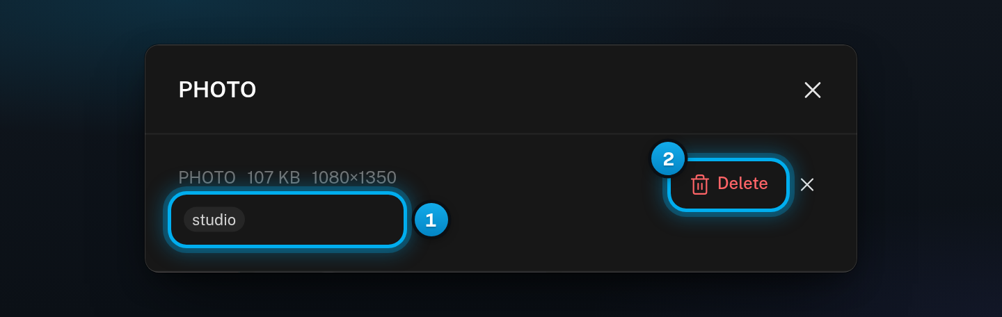 The window for one photo, titled PHOTO, with its size, the button that adds or changes its tags, and the Delete button