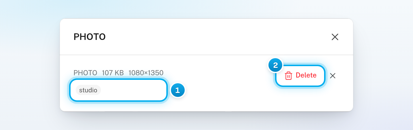 The window for one photo, titled PHOTO, with its size, the button that adds or changes its tags, and the Delete button