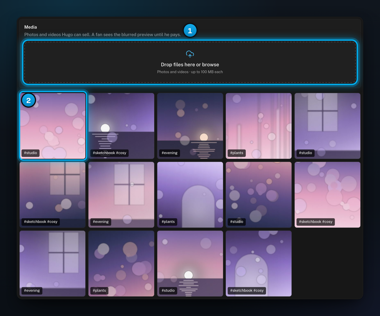 A Telegram creator's Media tab with the Drop files here or browse area and a grid of her photos and videos