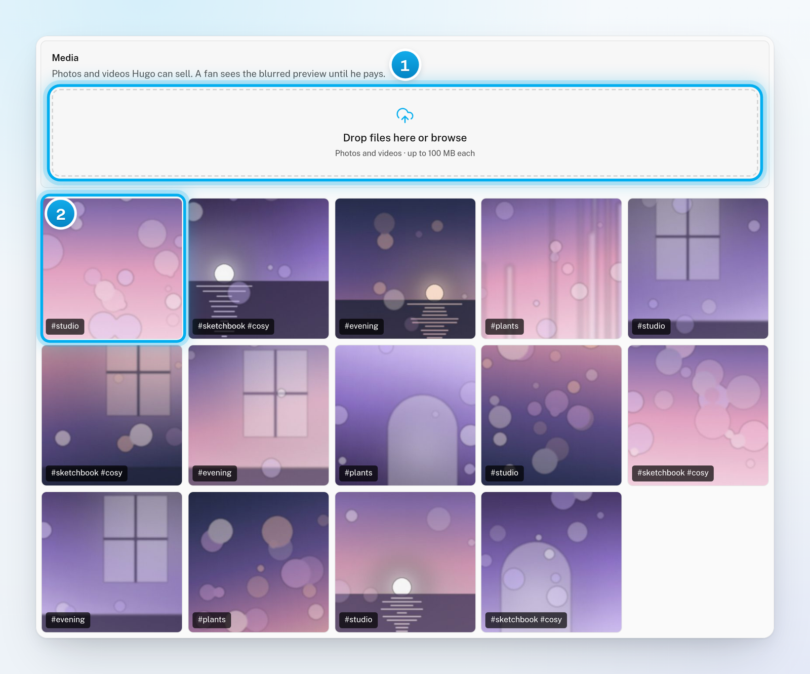 A Telegram creator's Media tab with the Drop files here or browse area and a grid of her photos and videos