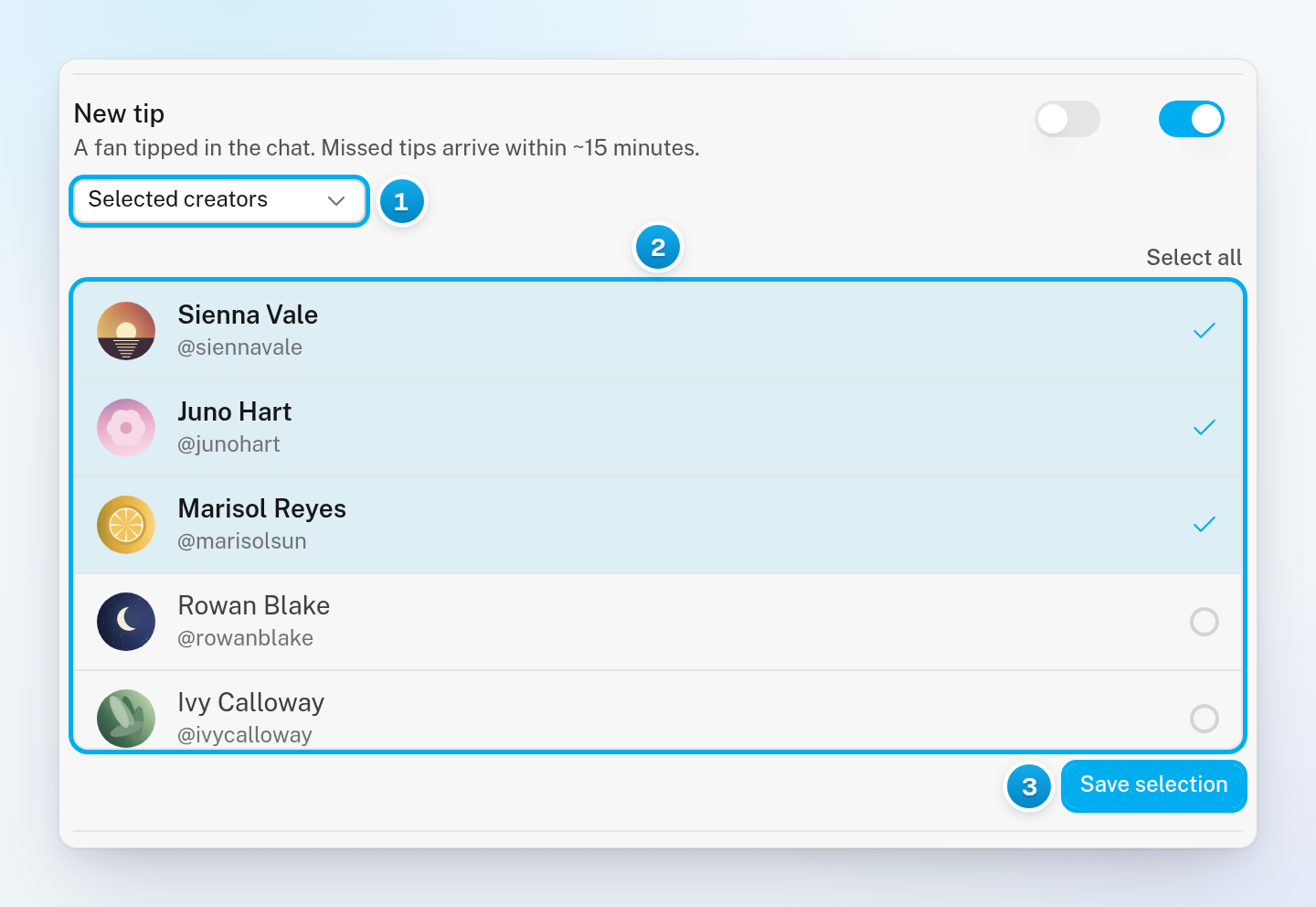 The New tip alert set to Selected creators, with a list of creators where three are ticked, and the Save selection button