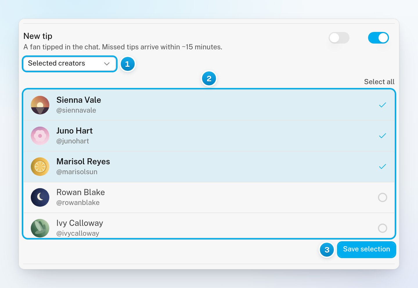 The New tip alert set to Selected creators, with a list of creators where three are ticked, and the Save selection button