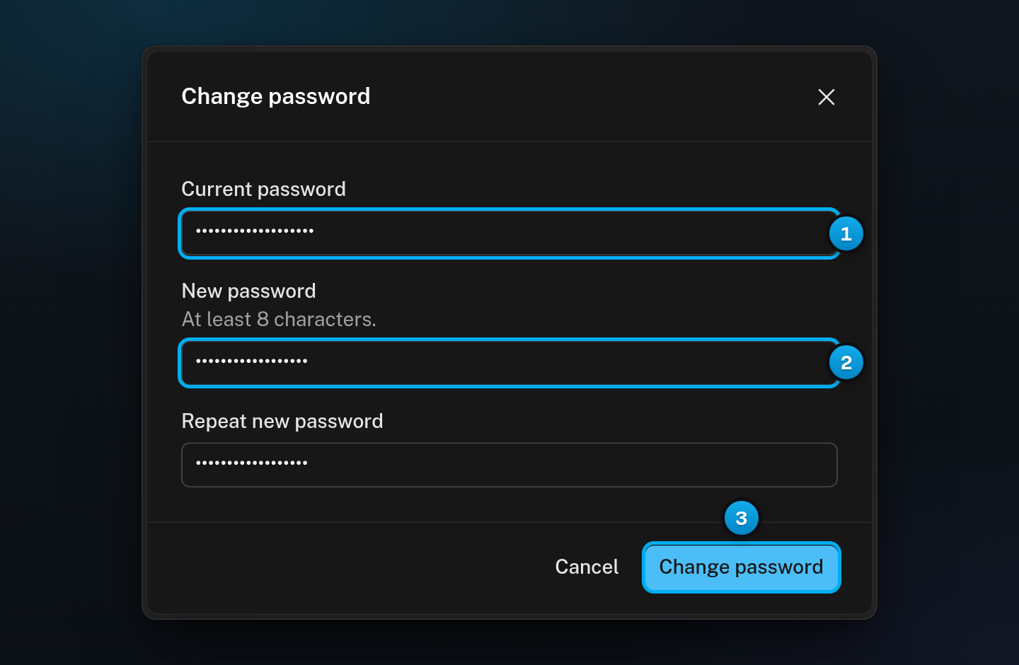 The Change password window with the current password, the new password typed twice, and the Change password button ready to click