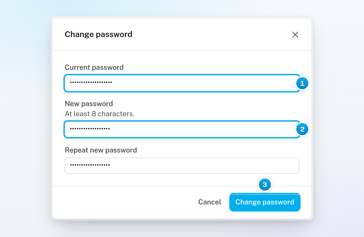 The Change password window with the current password, the new password typed twice, and the Change password button ready to click