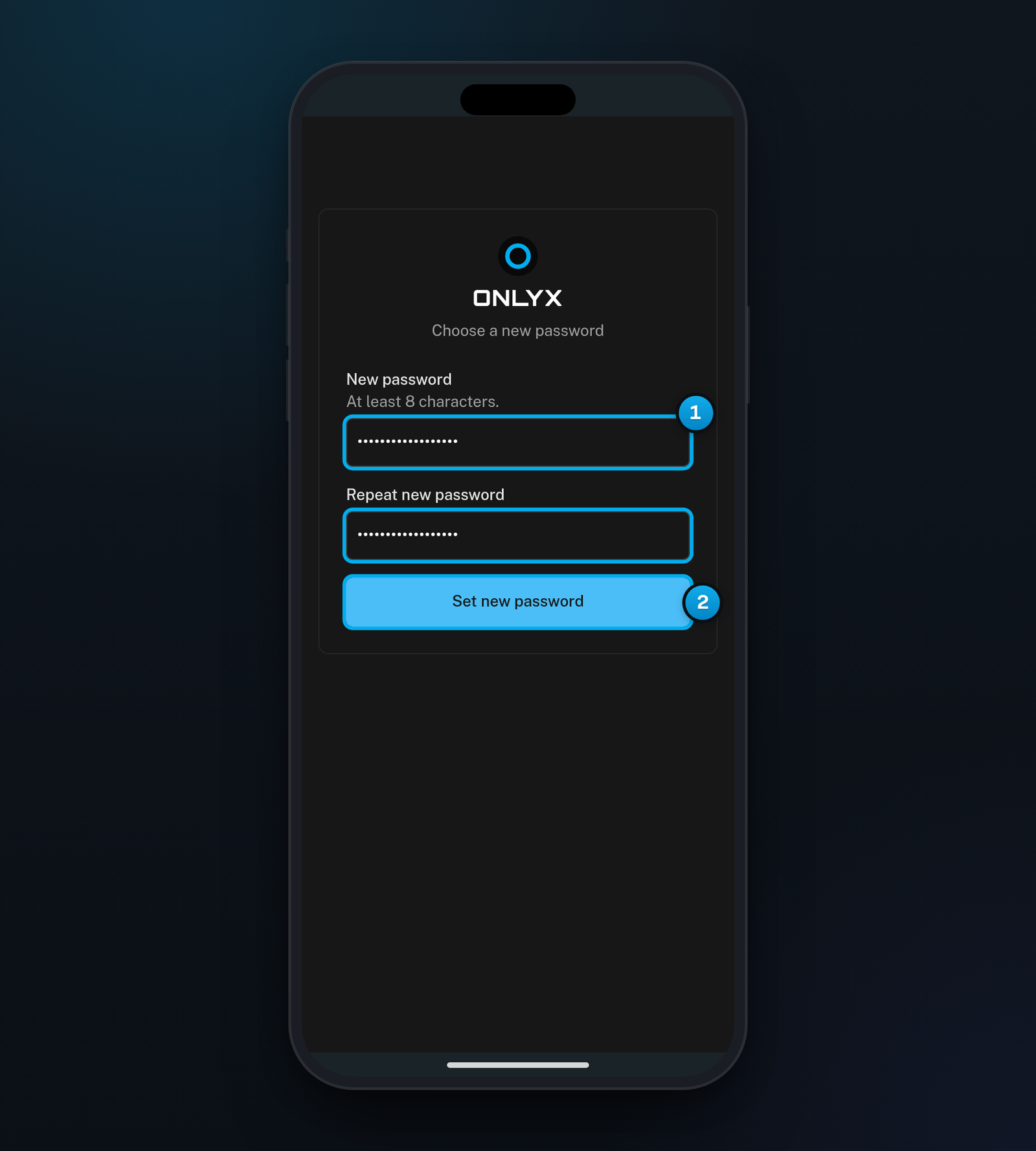 The Choose a new password page on a phone, with the new password typed in both fields and the Set new password button ready to click